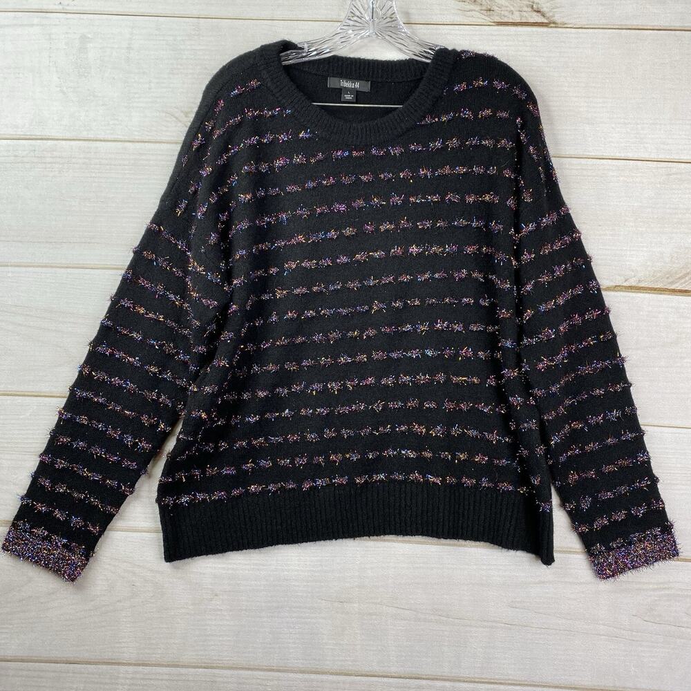 Tribekka 44 Sweater Womens Large Pullover Black Fuzzy Multicolor Artsy Stretch